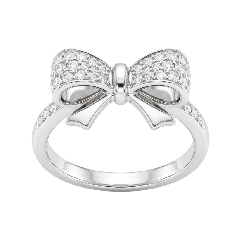 Anillo de moissanita redonda con forma de lazo en oro blanco de 10 quilates-10