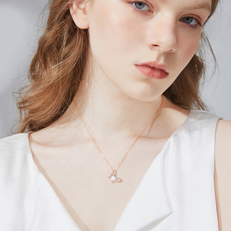 Collier pendentif papillon en moissanite ronde en or rose 10 carats-2