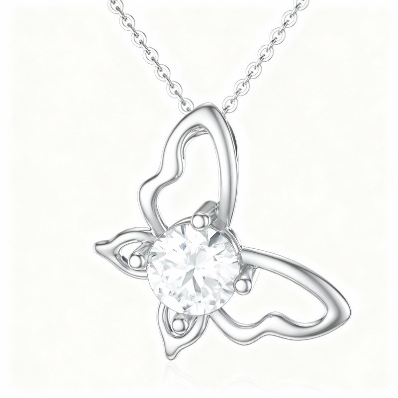 10K White Gold Round Cut Moissanite Butterfly Pendant Necklace-1