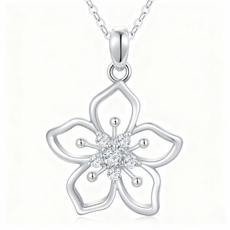 10K White Gold Round Cut Moissanite Cherry Blossom Pendant Necklace-12