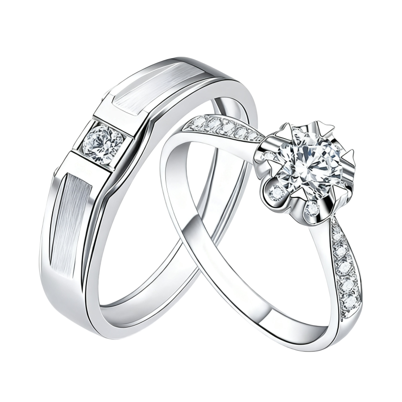 Anillos de pareja de moissanita redonda de oro blanco de 10 quilates-3