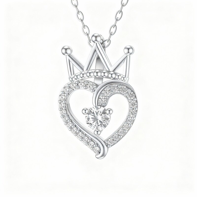 10K White Gold Round Cut Moissanite Crown & Heart Pendant Necklace-1