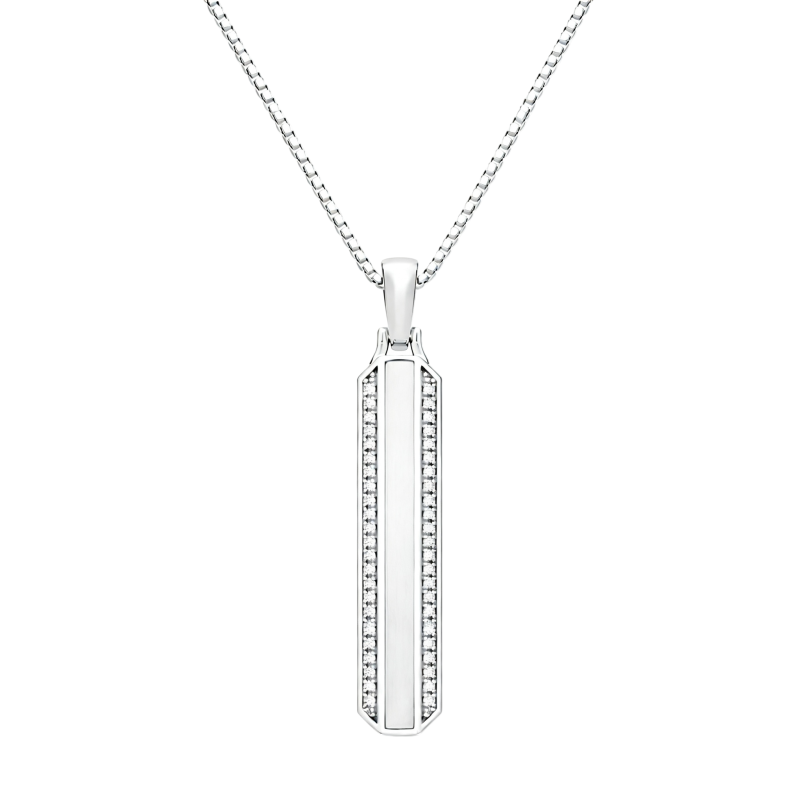 Collar con barra grabable de platino con baño de oro blanco y moissanita de talla redonda para hombre-1