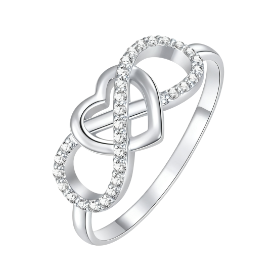 Кольцо в форме сердца и символа бесконечности из белого золота 10 карат с круглым муассанитом.