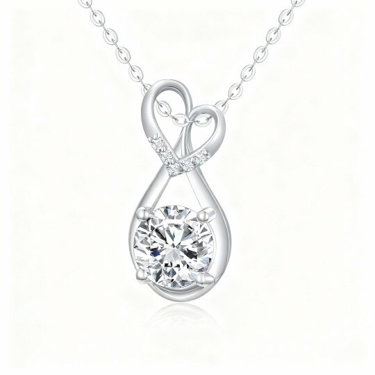 Collier pendentif en or blanc 10 carats avec pendentif cœur et symbole de l'infini en moissanite taille ronde