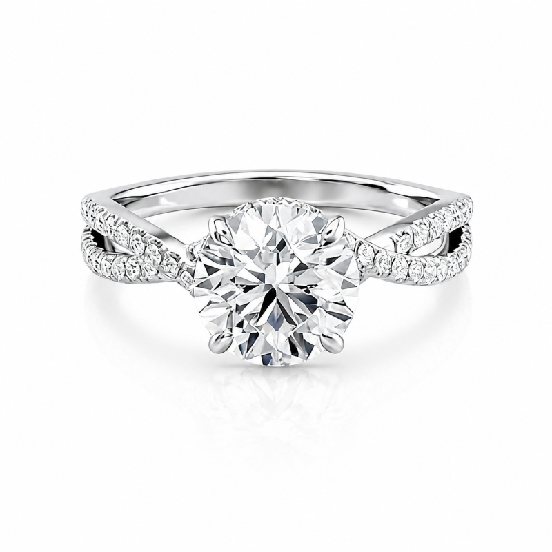Bague de fiançailles en platine plaqué or blanc avec moissanite taille ronde sertie d'un halo caché-1