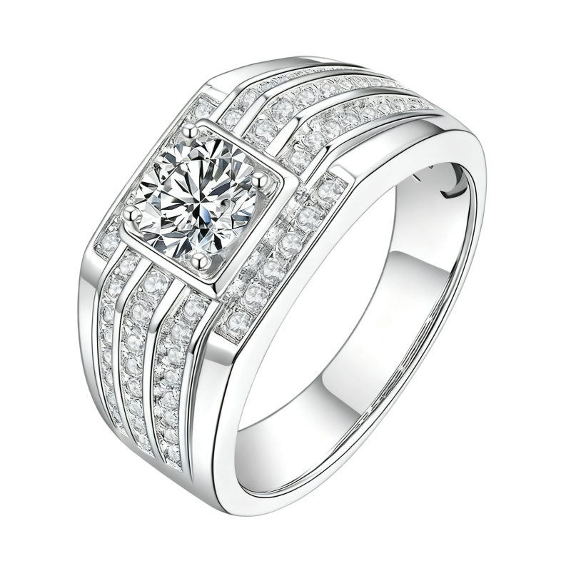 Anillo de oro blanco de 10 quilates con moissanita de talla redonda para hombre.-9
