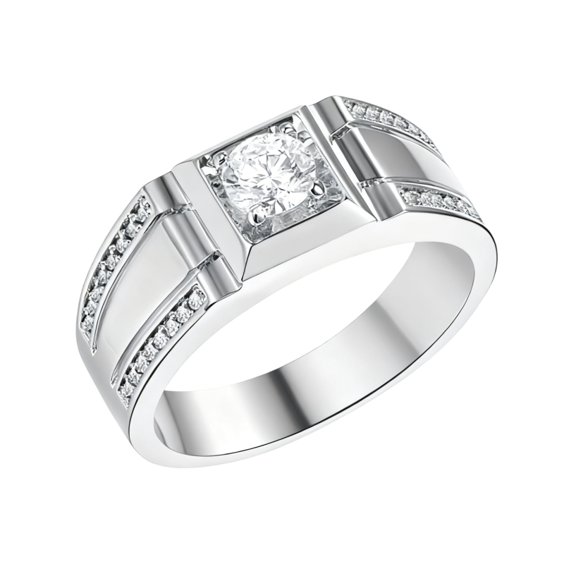 Anillo de oro blanco de 10 quilates con moissanita de talla redonda para hombre.-2