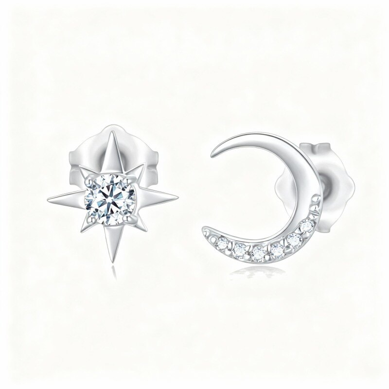 Boucles d'oreilles puces en or blanc 18 carats avec moissanite taille ronde, motif lune et étoile-1