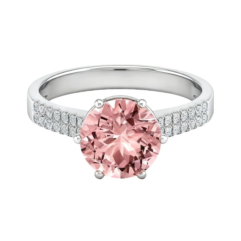 Anel de Noivado em Ouro Branco 10K com Moissanita e Morganite de Corte Redondo-1