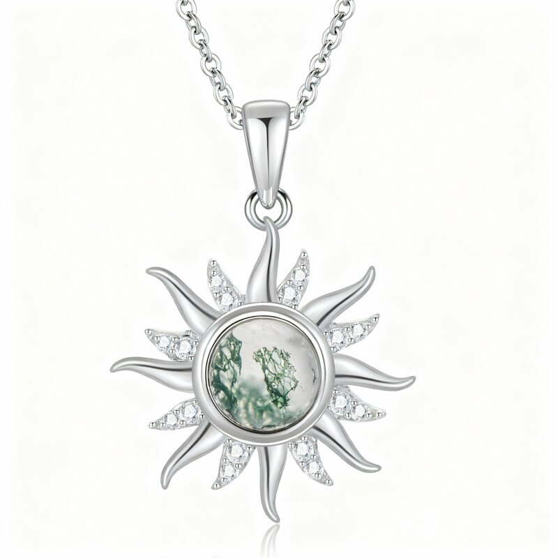 Collier pendentif soleil en or blanc 10 carats, moissanite taille ronde et agate mousse-10
