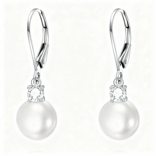 14K White Gold Round Cut Moissanite & Pearl Bead Lever-back Earrings
