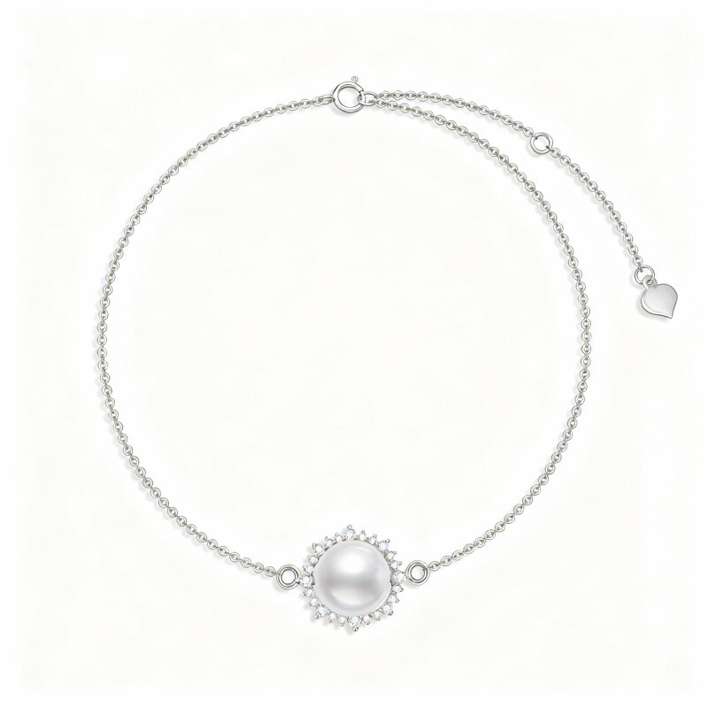 Bracelet en or blanc 10 carats avec breloques en moissanite taille ronde et perle-1