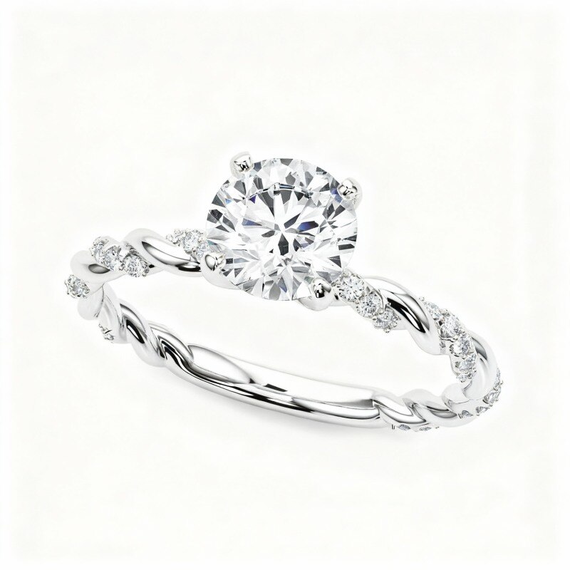 10K White Gold Round Cut Moissanite Personalized Engraving & Couple Engagement Ring-19