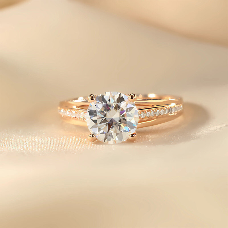 10K Gold Round Moissanite Personalized Engraving & Engagement Ring-4