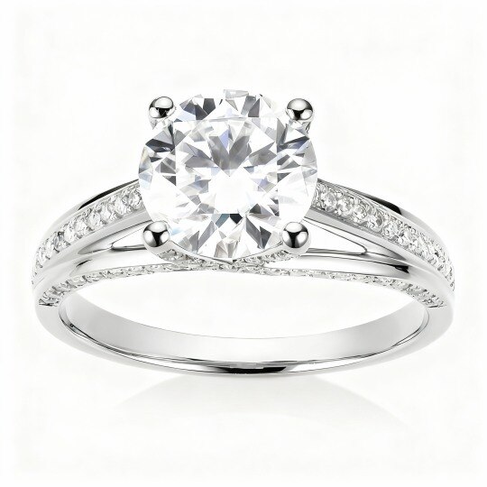 10K White Gold Round Cut Moissanite Personalized Engraving & Couple Engagement Ring