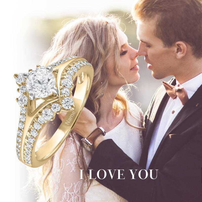 10K White Gold Round Cut Moissanite Personalized Engraving Engagement Ring-5