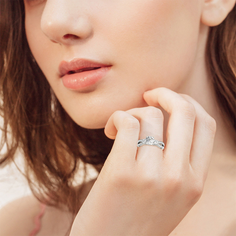 10K White Gold 1 CT Round Cut Moissanite Three-Stone Engagement Ring-2