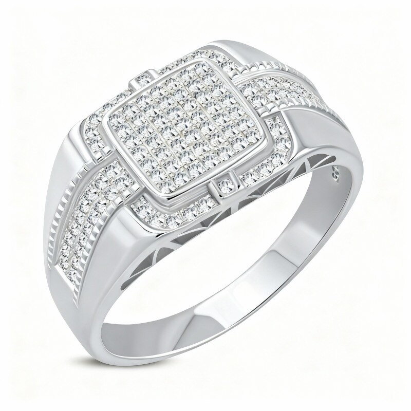 10K White Gold Round Cut Moissanite Personalized Engraving & Square Ring for Men-8