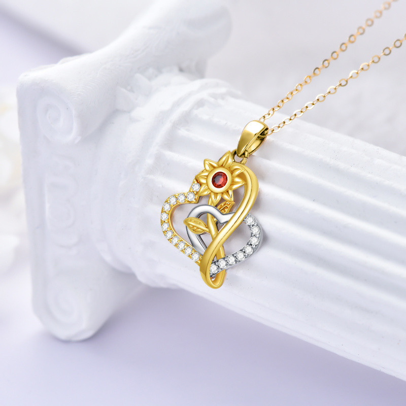 Collar con colgante de girasol redondo de moissanita bicolor de oro de 14 quilates y corazones entrelazados para mujer.-3