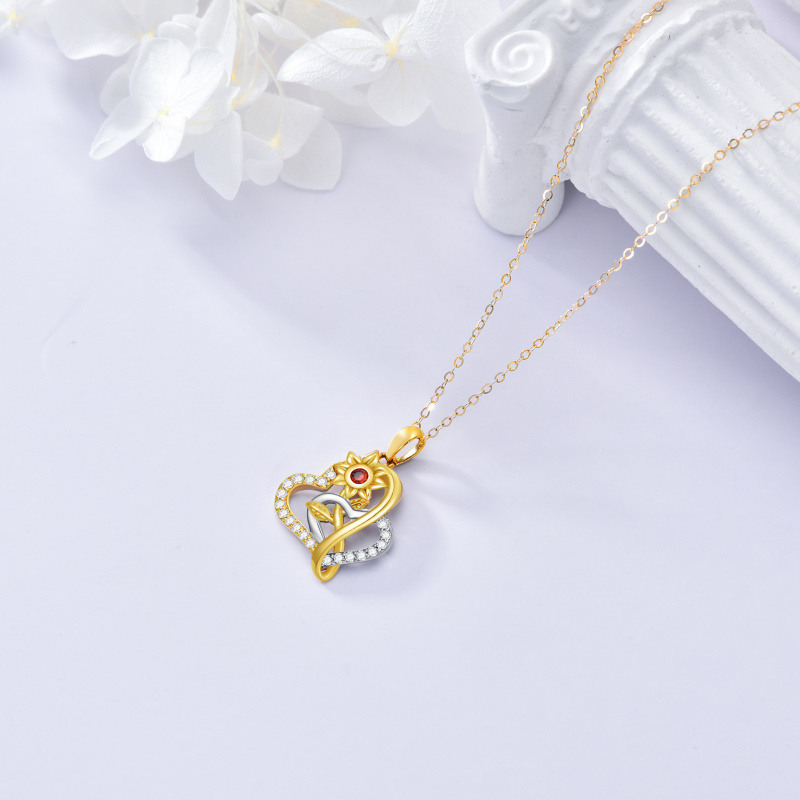 Collar con colgante de girasol redondo de moissanita bicolor de oro de 14 quilates y corazones entrelazados para mujer.-4