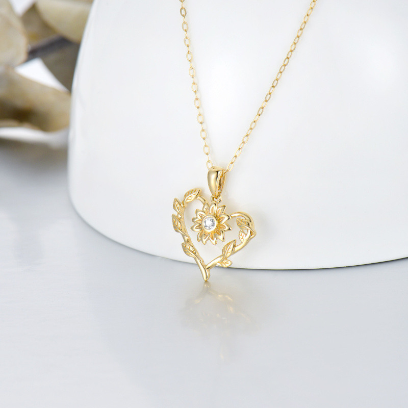 18K Gold Circular Shaped Moissanite Sunflower & Heart Pendant Necklace-3