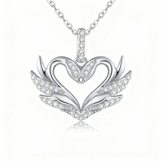 Collier pendentif cygne et cœur en or blanc 10 carats avec moissanite taille ronde