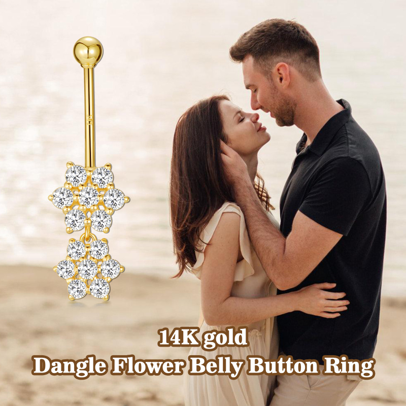 10K White Gold Round Cut Moissanite Wildflowers Belly Button Ring-6