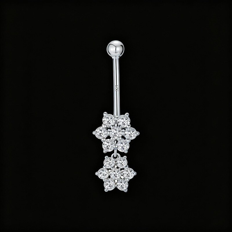 10K White Gold Round Cut Moissanite Wildflowers Belly Button Ring-4