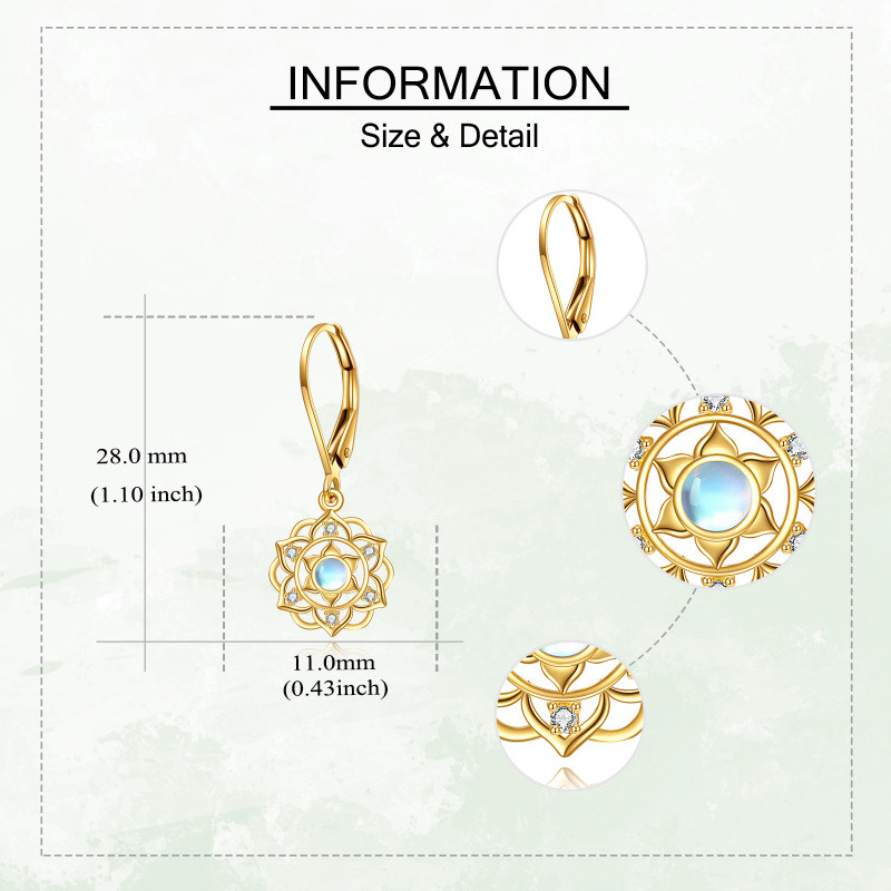 Boucles d'oreilles à levier en or jaune 14 carats, pierre de lune ronde et lotus bleu-5