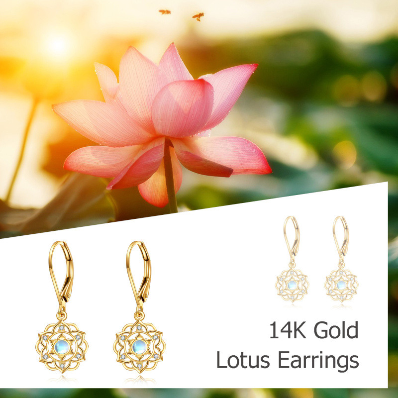 Boucles d'oreilles à levier en or jaune 14 carats, pierre de lune ronde et lotus bleu-6