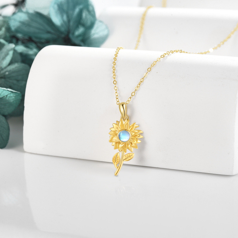 10K Yellow Gold Circular Moonstone Sunflower Pendant Necklace-3