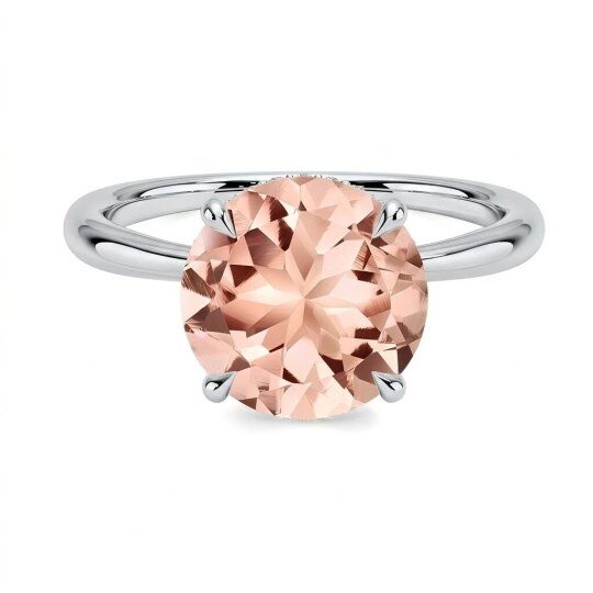 Anillo de compromiso personalizado de oro blanco de 10 quilates con morganita de talla redonda, color D, claridad VVS1, 3EX.