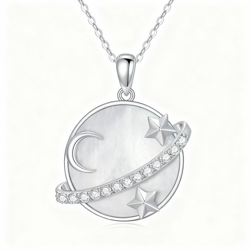 10K White Gold Round Cut Mother Of Pearl Moon & Planet & Star Pendant Necklace-16
