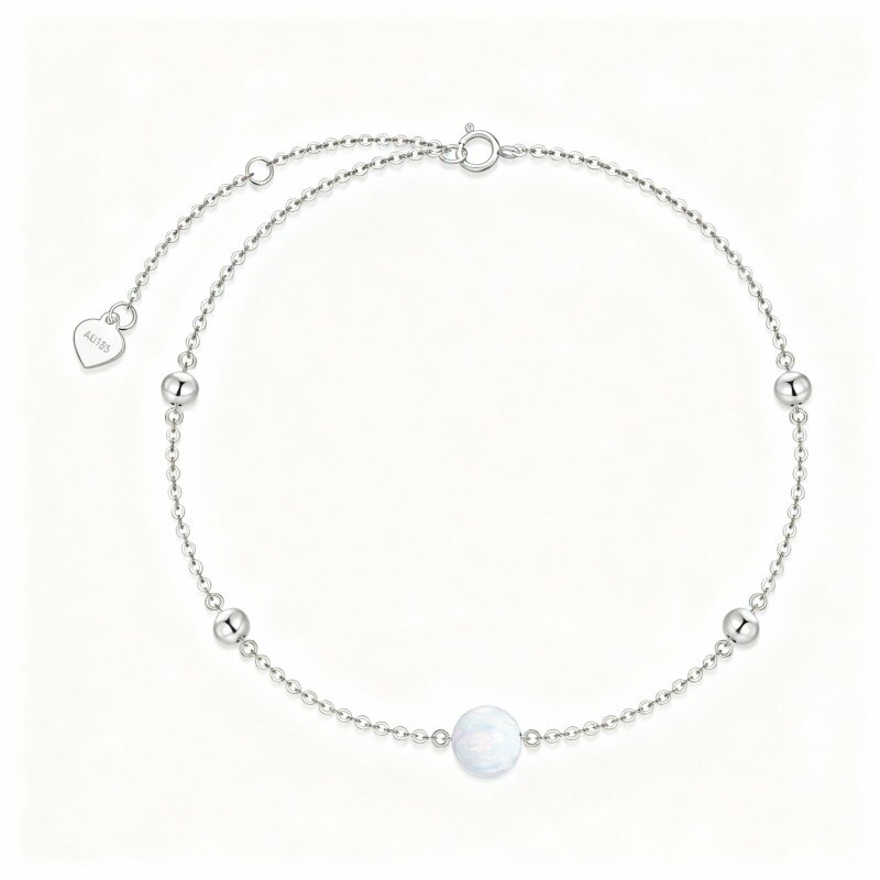 Pulsera de platino con dije de cuentas de ópalo de corte redondo chapadas en oro blanco-1