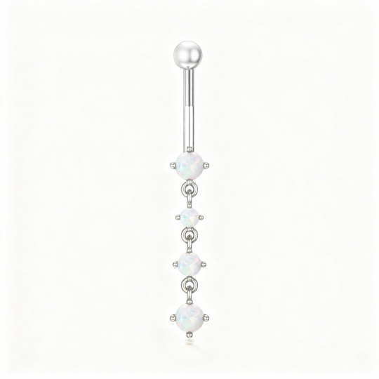 10K White Gold Round Cut Opal Belly Button Ring