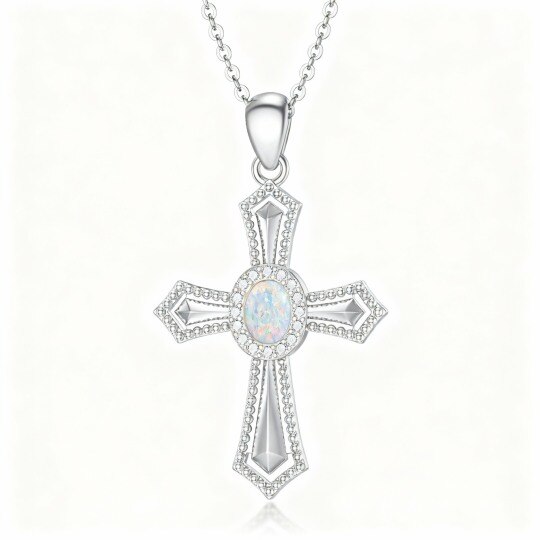 Collier pendentif croix en or blanc 10 carats avec opale taille ronde