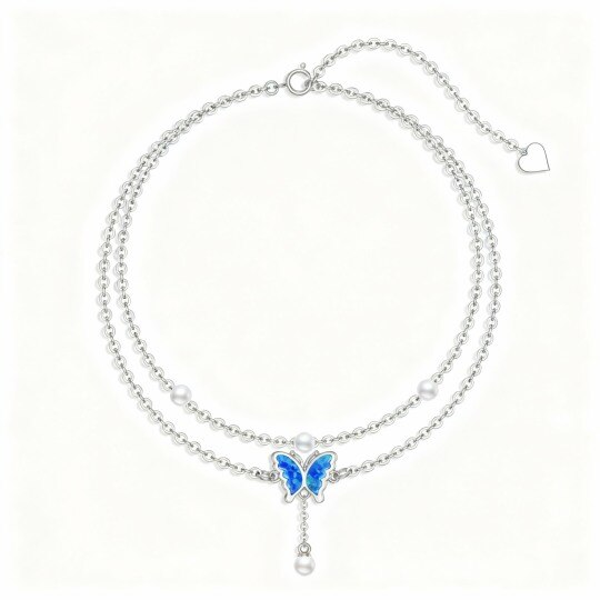 10K White Gold Round Cut Opal & Pearl Butterfly Multi-layered Charm Anklet