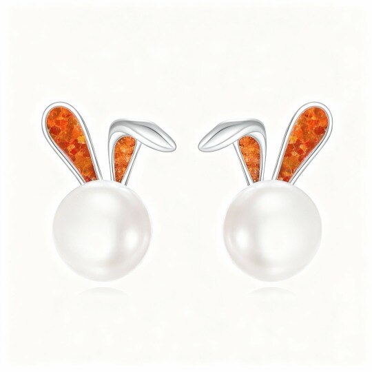 10K White Gold Round Cut Opal & Pearl Rabbit Stud Earrings