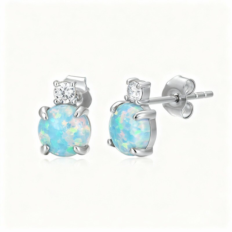 Boucles d'oreilles puces rondes en or blanc 10 carats et opale taille ronde-19
