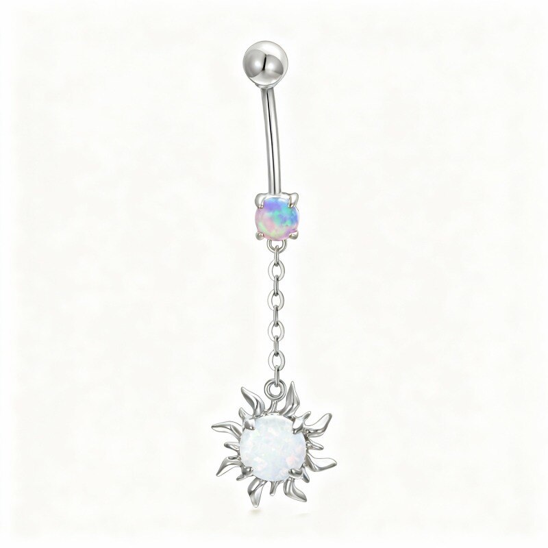 10K White Gold Round Cut Opal Sun Belly Button Ring-13