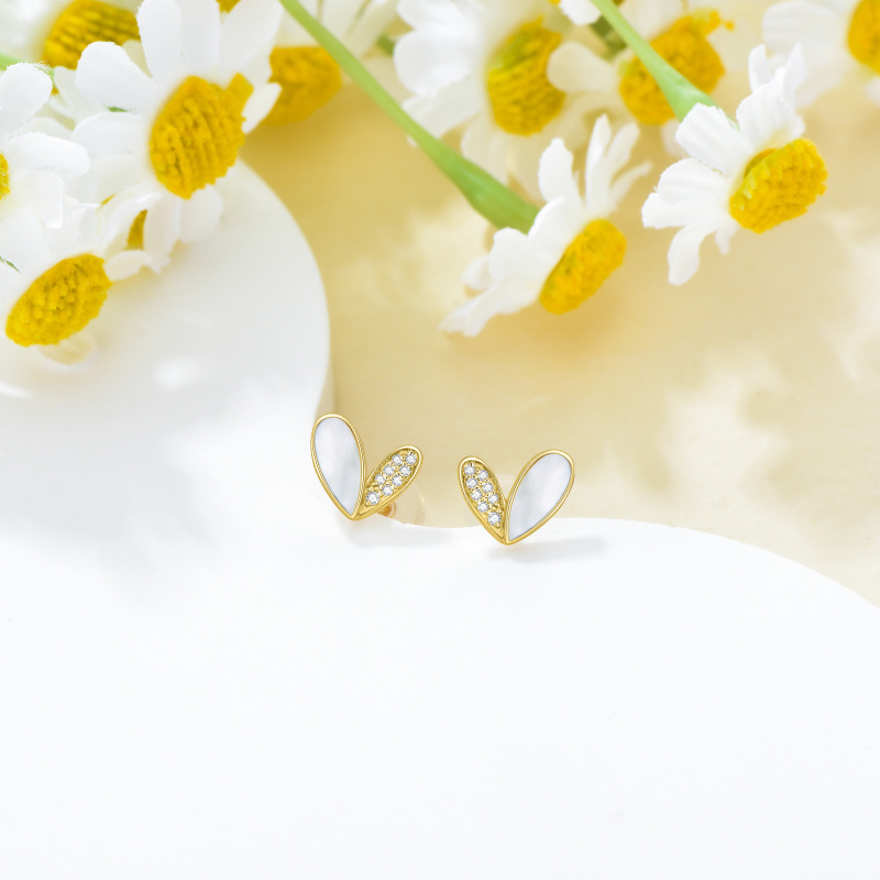 18K Gold Mother Of Pearl With Circula Cubic Zirconia Heart Stud Earrings-3