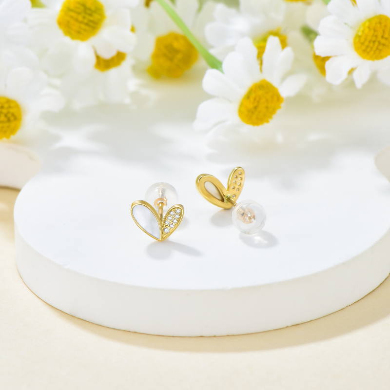 18K Gold Mother Of Pearl With Circula Cubic Zirconia Heart Stud Earrings-4