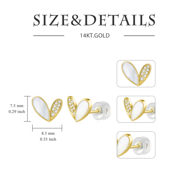 18K Gold Mother Of Pearl With Circula Cubic Zirconia Heart Stud Earrings-5