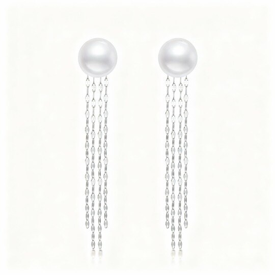 10K White Gold Round Cut Pearl Bead Drop Earrings
