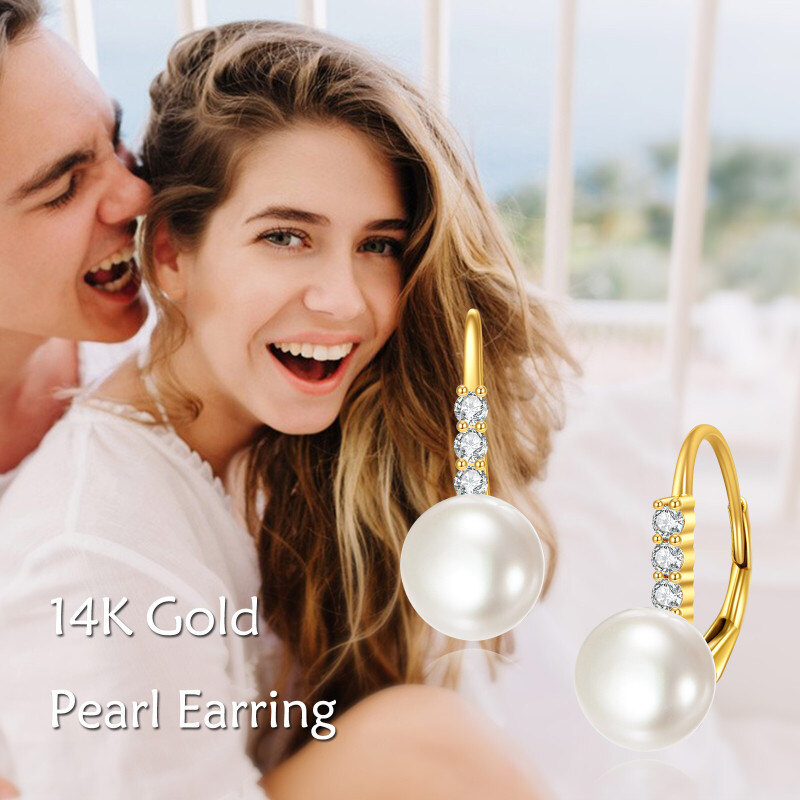 10K Yellow Gold Circular Pearl Bead Lever-back Earrings-6