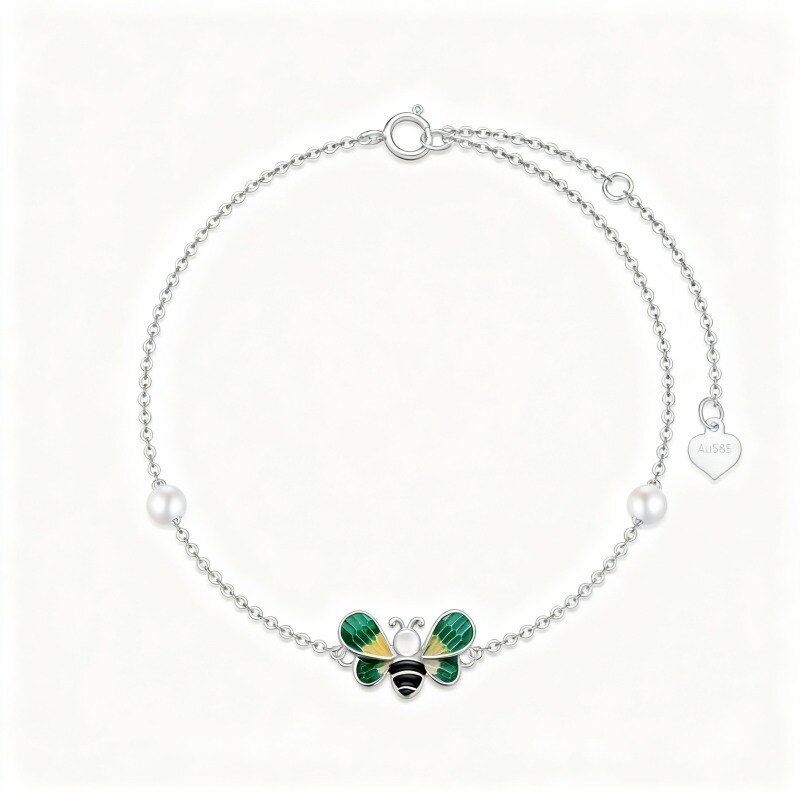 Bracelet de cheville simple en or blanc 10 carats avec perle ronde et breloque abeille-1