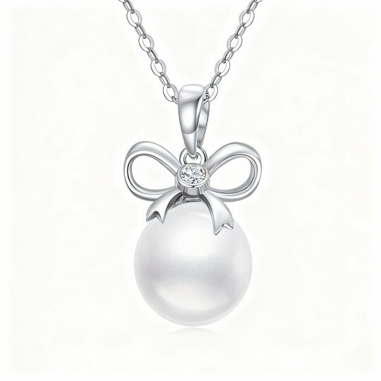 10K White Gold Round Cut Pearl Bow Pendant Necklace