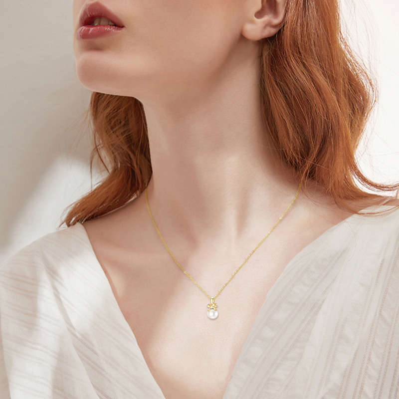 18K White Gold Round Cut Pearl Bow Pendant Necklace-2