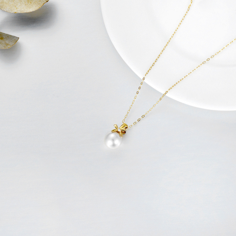 18K White Gold Round Cut Pearl Bow Pendant Necklace-3
